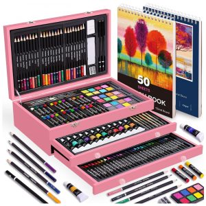 Kit Lápis de Cor Profissional com Maleta de Madeira 175 Peças e Tintas Acrílicas Aquarela Color More Rosa