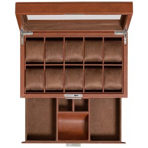 Caixa Estojo de Couro com Gaveta de Manobrista para Relógios com 10 Compartimentos ROTHWELL Marrom