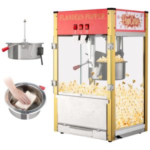 Máquina de Pipoca Comercial ROVSUN 12oz Aço Inox 1400W 80 Xícaras por Ciclo LED Interno Tampa Vidro Temperado Vermelha