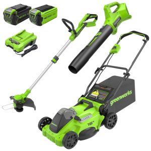 Combo Greenworks 40V: Cortador de Grama Sem Fio Soprador de Folhas e Aparador de Grama com Bateria 4.0Ah e 2.0Ah - Kit Completo