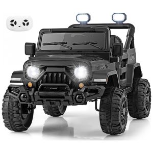 Carro Elétrico Infantil OLAKIDS Preto 12V Controle Remoto Jeep LED Bluetooth 2 Velocidades Suspensão Música USB MP3 3-8 Anos