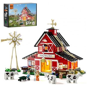 Conjunto de Blocos de Montar FUNWHOLE Celeiro de Vacas LED 1368 Peças Grua Móvel Vermelho Fazenda Modelo F9037