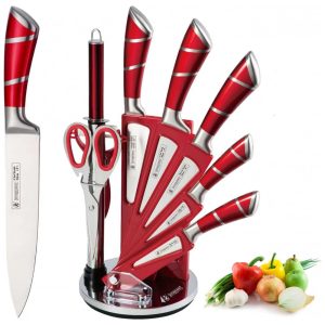 Conjunto de Facas em Aço Inoxidável com Suporte em Acrílico 9 Peças Vermelho
