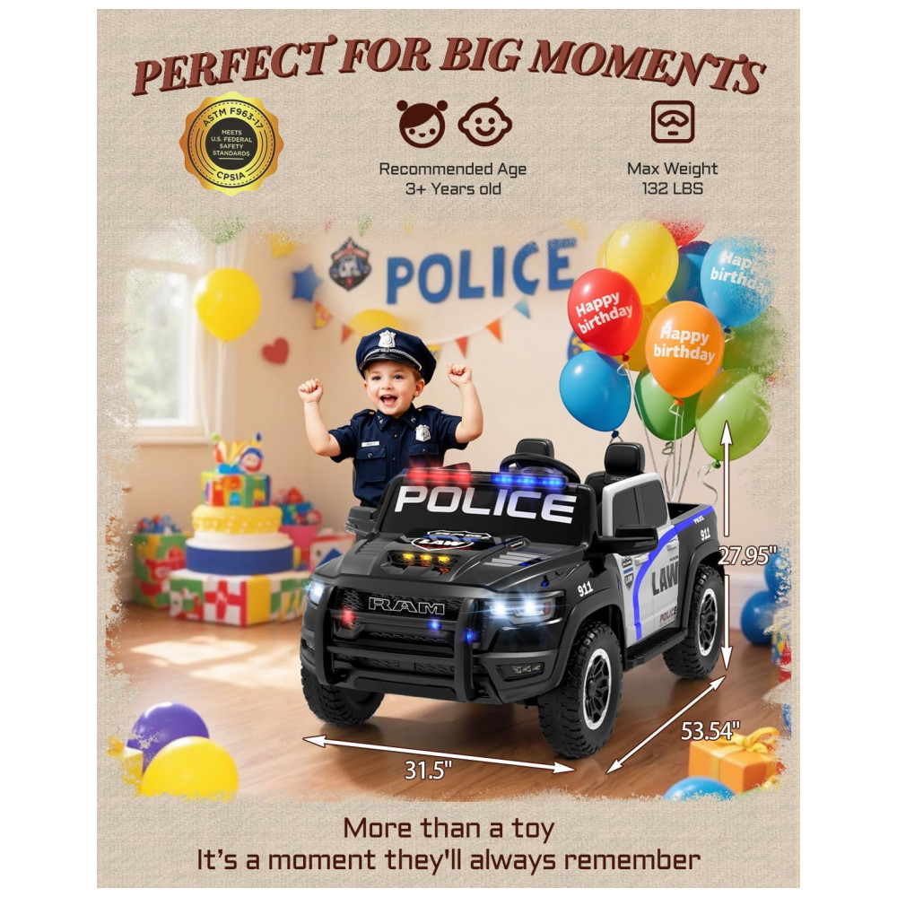 Carro Elétrico Infantil Polícia RAM 1500 24V Preto 2 Lugares com Controle Remoto, Sirene, Luzes Piscantes e Baú - Imagem 3