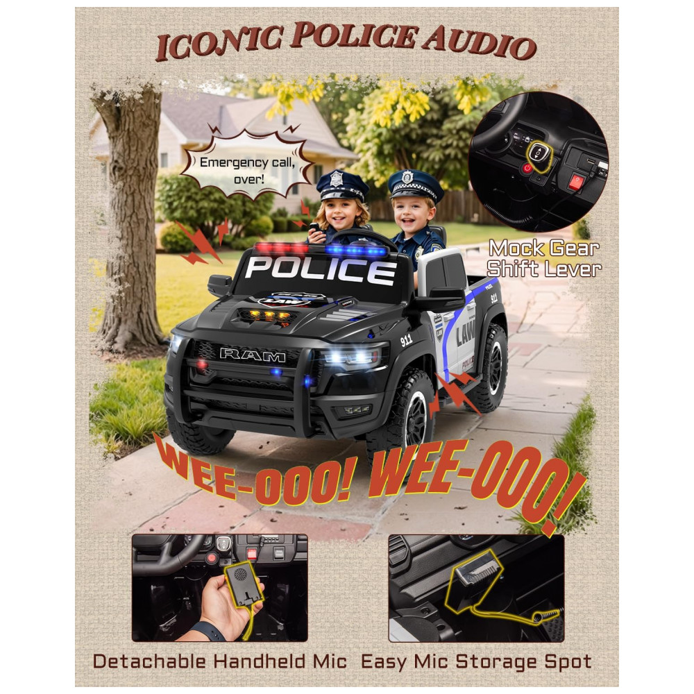 Carro Elétrico Infantil Polícia RAM 1500 24V Preto 2 Lugares com Controle Remoto, Sirene, Luzes Piscantes e Baú - Imagem 4