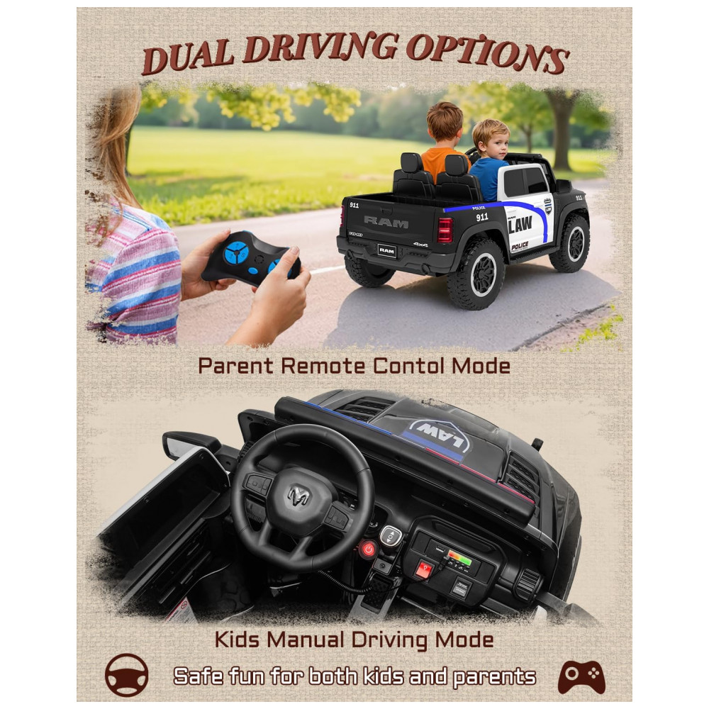 Carro Elétrico Infantil Polícia RAM 1500 24V Preto 2 Lugares com Controle Remoto, Sirene, Luzes Piscantes e Baú - Imagem 5