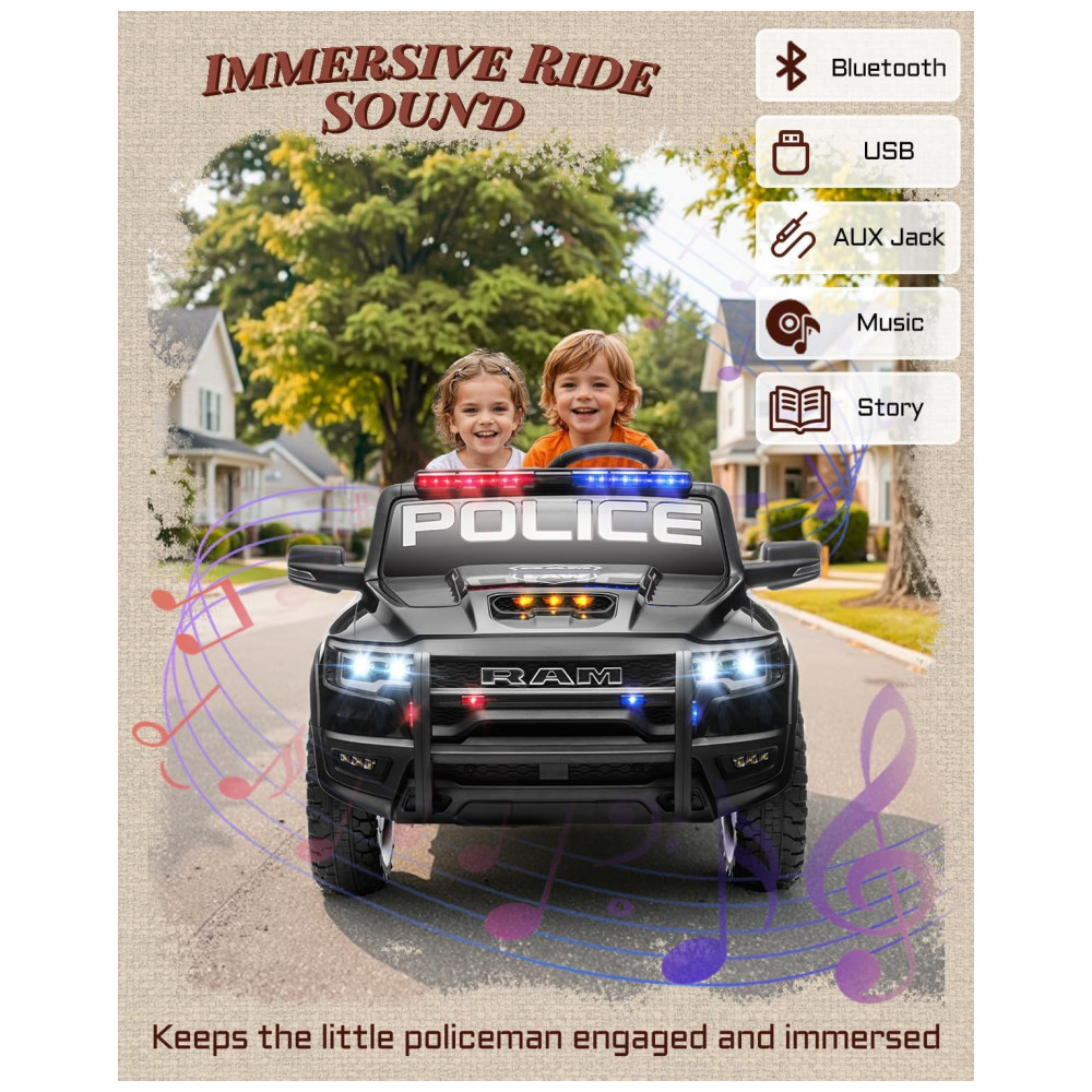 Carro Elétrico Infantil Polícia RAM 1500 24V Preto 2 Lugares com Controle Remoto, Sirene, Luzes Piscantes e Baú - Imagem 6