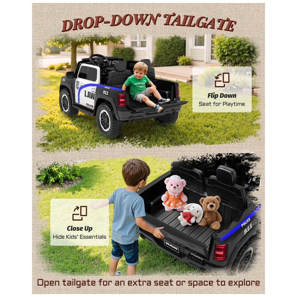 Carro Elétrico Infantil Polícia RAM 1500 24V Preto 2 Lugares com Controle Remoto, Sirene, Luzes Piscantes e Baú - Imagem 7