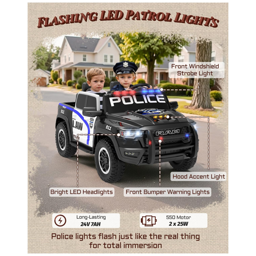 Carro Elétrico Infantil Polícia RAM 1500 24V Preto 2 Lugares com Controle Remoto, Sirene, Luzes Piscantes e Baú - Imagem 8