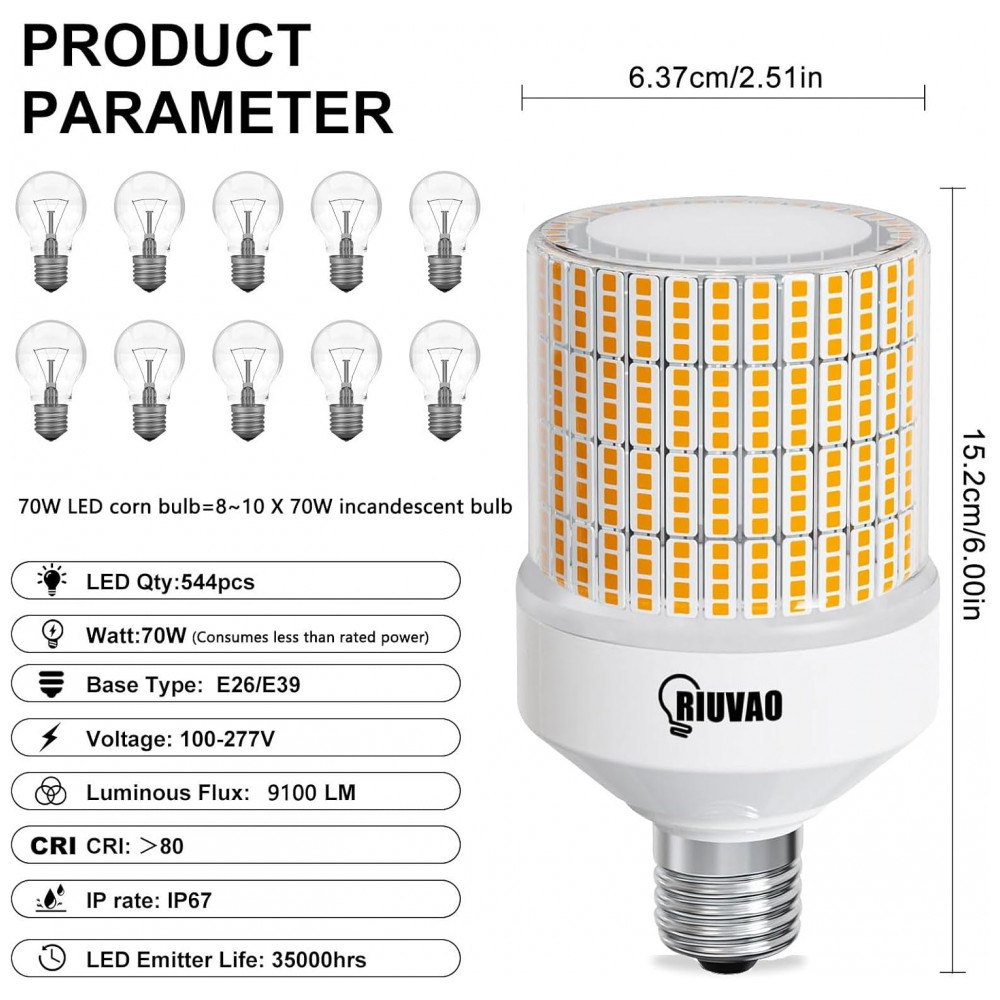 Lâmpada de Milho LED 70W, Equivalente a 700W, 9100LM, 3000K Branco Quente, Impermeável, Economia de Energia de 90%, Base E26/E39,RIUVAO - Imagem 6