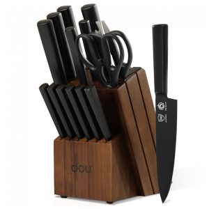 Conjunto de Facas em Aço Inoxidável com Bloco de Bancada e Afiador Embutido 15 Peças OOU Preto e Marrom