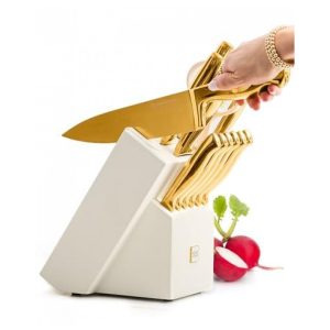 Conjunto de Facas STYLED SETTINGS em Aço Inoxidável com Bloco de Bancada e Afiador Embutido 14 Peças Dourado e Branco