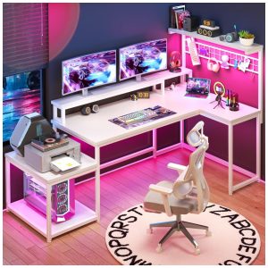 Mesa Gamer em L EnHomee 160 cm com Luzes LED e Tomadas Elétricas Design Reversível com Prateleiras de Armazenamento e Ganchos Suporte para Monitor e Impressora Branco (160 cm x 80 cm).