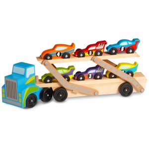 Caminhão Transportador de Carros de Corrida Trator e Trailer de Madeira com 6 Carros Exclusivos Melissa & Doug