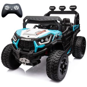 Carro Elétrico Infantil Jeep 4X4 com Controle Remoto Cinto de Segurança Ajustável Luzes LED Brilhantes e Portas Duplas com Trava 24V Sopbost Azul e Branco