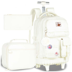 Mochila com rodinhas CCJPX branca 53 cm 4 peças mochila escolar com rodas dupla alça retrátil acompanha lancheira e estojo 20 L