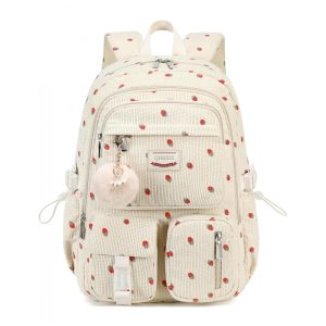 Mochila escolar QHRIDS corduroy bege com estampa de morangos para notebook 38 cm grande capacidade com bolso antirroubo
