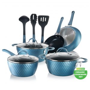 Conjunto de Panelas e Frigideiras Antiaderentes em Alumínio com Utensílios 11 Peças NutriChef Azul Royal