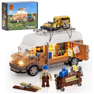 Conjunto de Blocos de Montar FUNWHOLE Caminhão Marcenaria LED 496 Peças Ferramentas Madeira Realistas Portas Abertas Modelo F9030