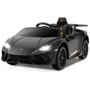 Carro Elétrico Infantil Licenciado Lamborghini Huracan OLAKIDS Preto 12V com Controle Remoto 2 Velocidades Suspensão Bluetooth e USB