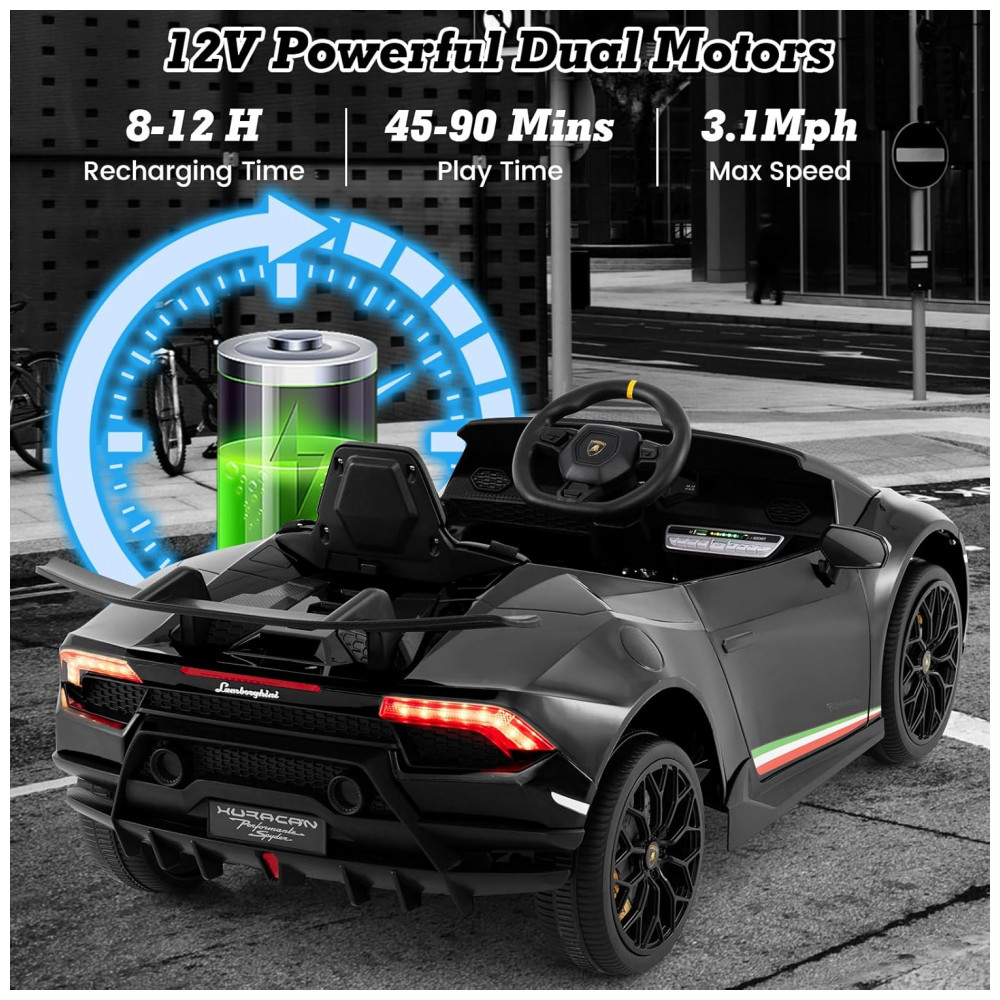 Carro Elétrico Infantil Licenciado Lamborghini Huracan OLAKIDS Preto 12V com Controle Remoto 2 Velocidades Suspensão Bluetooth e USB - Imagem 4