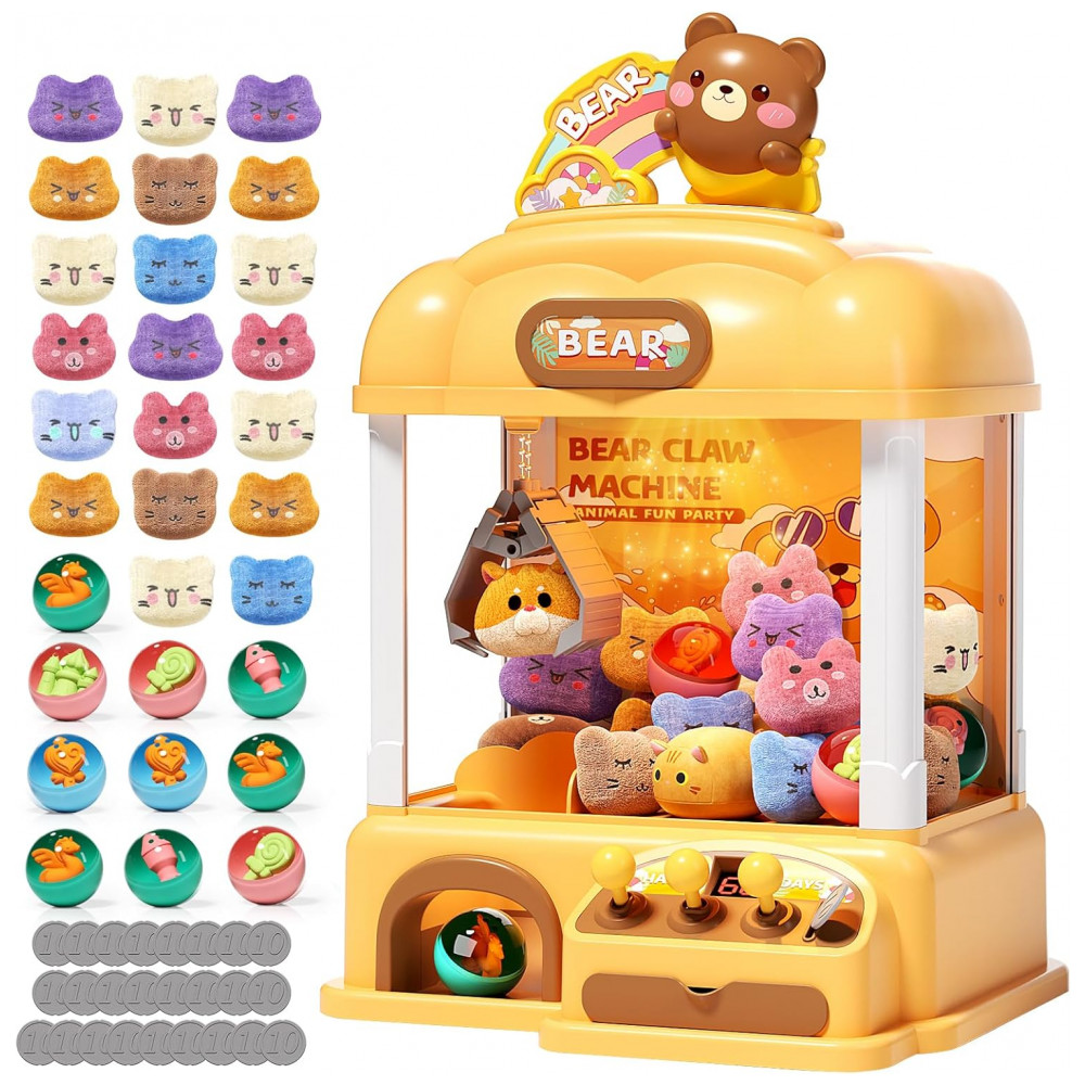 Máquina de Garra Infantil AIQI Bear Amarela 55 PCS com Brinquedos, Moedas e Som LED para Festas e Brincadeiras