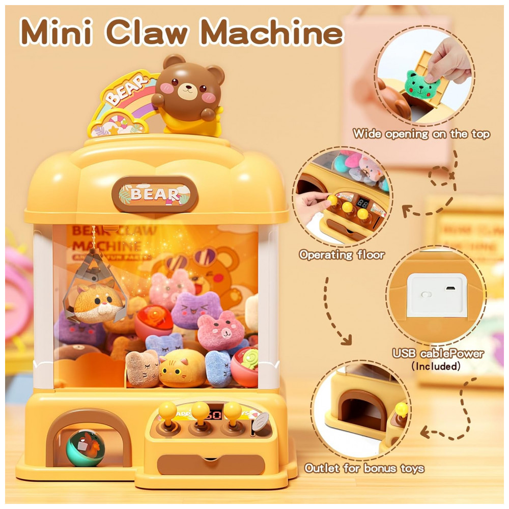 Máquina de Garra Infantil AIQI Bear Amarela 55 PCS com Brinquedos, Moedas e Som LED para Festas e Brincadeiras - Imagem 3