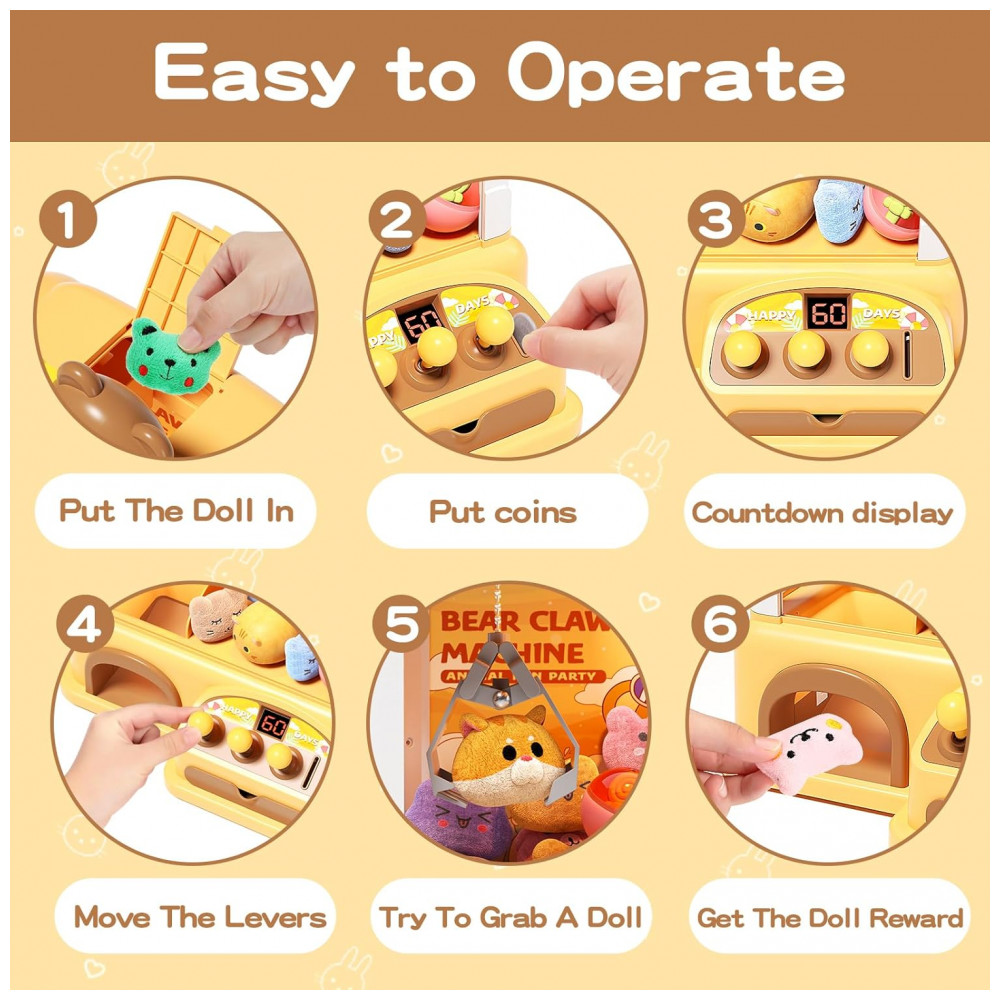 Máquina de Garra Infantil AIQI Bear Amarela 55 PCS com Brinquedos, Moedas e Som LED para Festas e Brincadeiras - Imagem 4