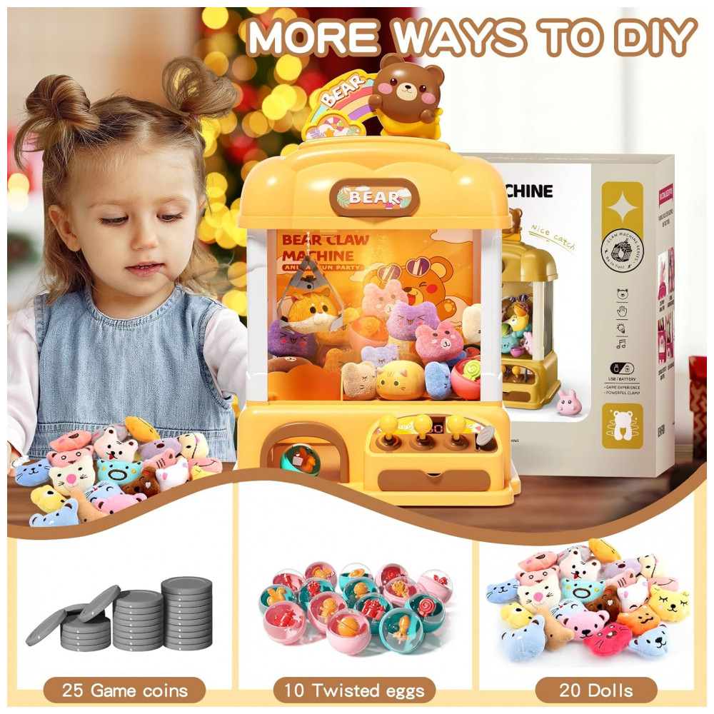 Máquina de Garra Infantil AIQI Bear Amarela 55 PCS com Brinquedos, Moedas e Som LED para Festas e Brincadeiras - Imagem 5