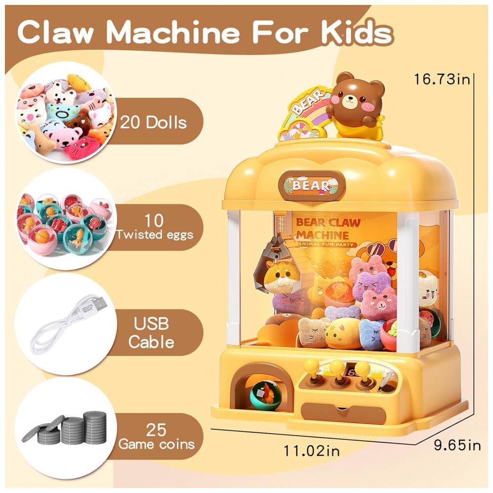 Máquina de Garra Infantil AIQI Bear Amarela 55 PCS com Brinquedos, Moedas e Som LED para Festas e Brincadeiras - Imagem 6