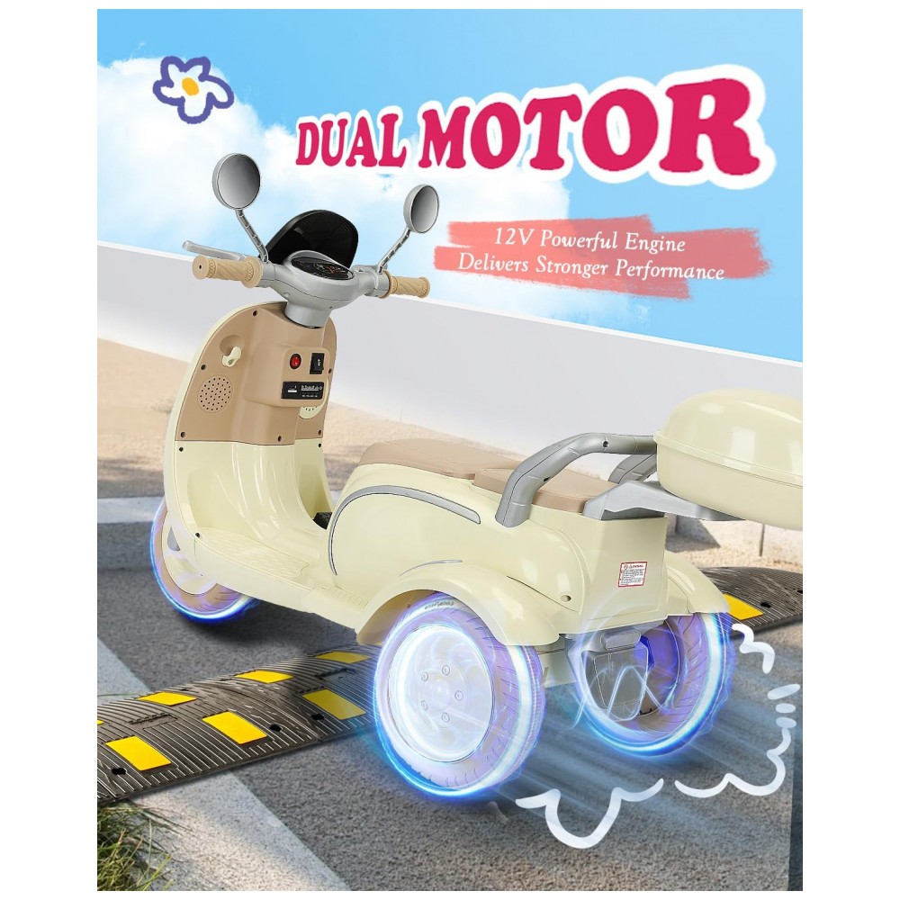 Moto Elétrica Infantil Letsgoride 12V Amarelo Pastel 2 Lugares 3 Rodas com Controle Remoto Baú Bluetooth LED e Buzina 2x50W - Imagem 2