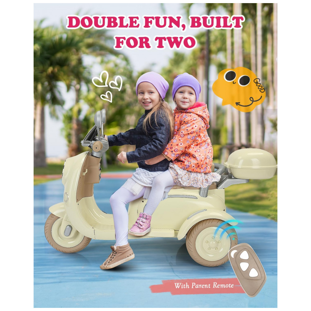 Moto Elétrica Infantil Letsgoride 12V Amarelo Pastel 2 Lugares 3 Rodas com Controle Remoto Baú Bluetooth LED e Buzina 2x50W - Imagem 3