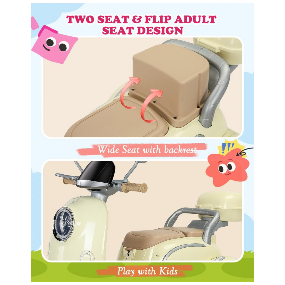 Moto Elétrica Infantil Letsgoride 12V Amarelo Pastel 2 Lugares 3 Rodas com Controle Remoto Baú Bluetooth LED e Buzina 2x50W - Imagem 7