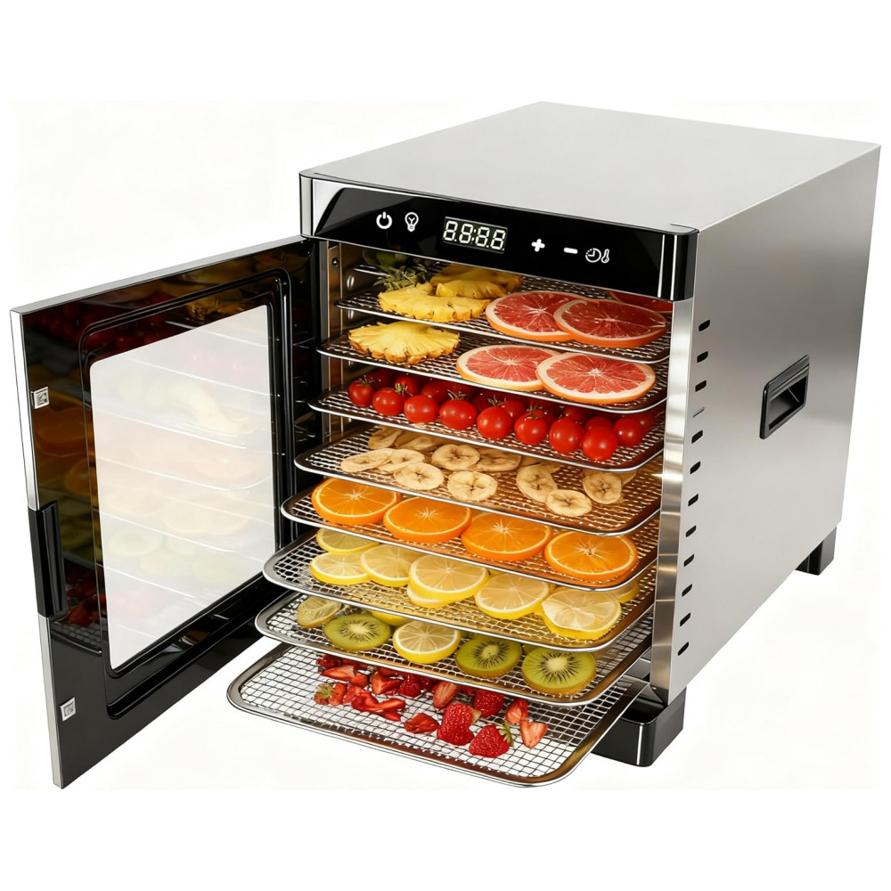 Desidratador de Alimentos Fooikos com 8 Bandejas em Aço Inoxidável, Porta Magnética, Ideal para Jerky, Petiscos para Cachorro, Ervas, Carne, Frutas,