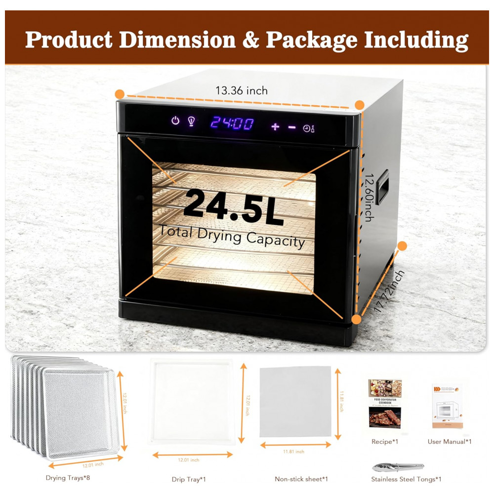 Desidratador de Alimentos Fooikos com 8 Bandejas em Aço Inoxidável, Porta Magnética, Ideal para Jerky, Petiscos para Cachorro, Ervas, Carne, Frutas, - Imagem 7