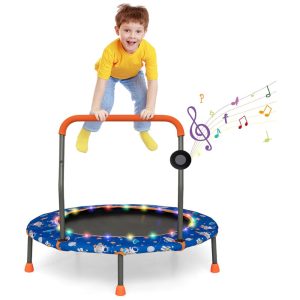 Trampolim infantil Goplus 36 com luzes LED Bluetooth e alça removível Capa inclusa.