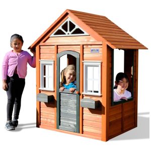 Casinha Infantil de Madeira para Área Externa com Porta Funcional Design de Conceito Aberto e Suportes para Vasos de Flores Sportspower WP-612 Marrom
