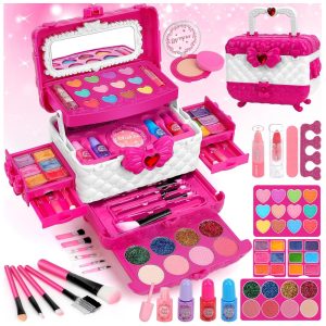 Kit de Maquiagem Infantil Lavável com 60 Peças para Crianças de 3 a 12 Anos Teensymic Princesa Rosa
