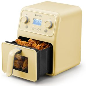 Forno Airfryer 4 Litros 8 em 1 com Janela Retrô e Lembrete de Agitar 110V 1200W Buydeem Amarela