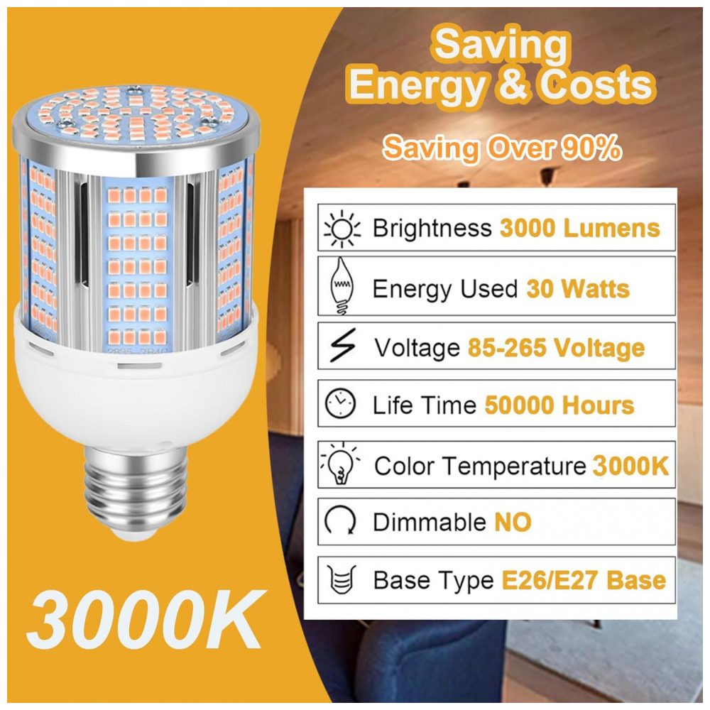Lâmpada de Milho LED 30W 3000 Lúmens - Luz Branca Quente 3000K - Base E26E27 - Iluminação Residencial e Comercial,ELIVERN - Imagem 5