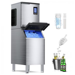 Máquina de Gelo Comercial QAUSOU Aço Inox 308 kg/dia Bin 254 kg Autolimpeza Temporizador IM-NS451B 110V