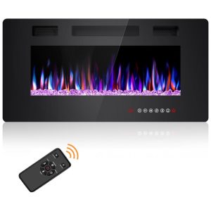 Lareira Elétrica Joy Pebble de 91 cm Embutida ou de Parede com Aquecedor 750/1500W LED Touch Controle Remoto Timer Chamas Ajustáveis em Cor