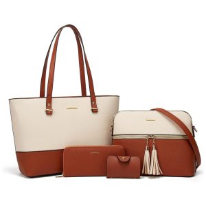 Conjunto de Bolsas Femininas em Couro Sintético 4 Peças com Carteira Lovematch Bege e Marrom
