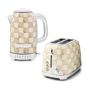 Conjunto chaleira elétrica e torradeira 2 fatias MacKenzie-Childs Mocha Check marrom e branca inox 110V
