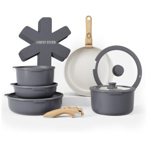 Jogo de Panelas e Frigideiras Material em Alumínio com 16 Peças e Cabo Removível Country Kitchen Cinza