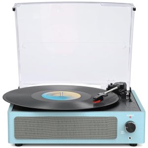 Toca-discos de Vinil com Alto-falantes - Novo Design Elegante Azul Celeste - Bluetooth 3 Velocidades Auto Stop - Tudo em um -WOCKODER