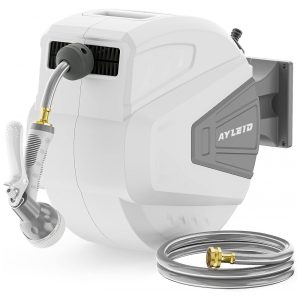 Mangueira de Jadim 30M com Enrolador Retrátil Bico Pulverizador de 9 Funções Trava de Qualquer Comprimento e Sistema de Retorno Lento Ayleid Cinza