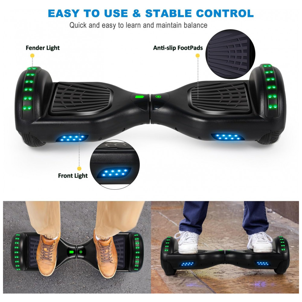Hoverboard Elétrico Preto FLYING-ANT A02B, 16,5 cm Rodas, 10-16 km/h, Alcance 9,6 km, Bluetooth, LED’s Coloridos, Motor Dual 350W - Imagem 5