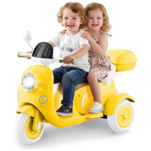 Moto Elétrica Infantil HEIMILI 12V Amarela 3 Rodas 2 Lugares com Bluetooth MP3 Baú e Estabilidade