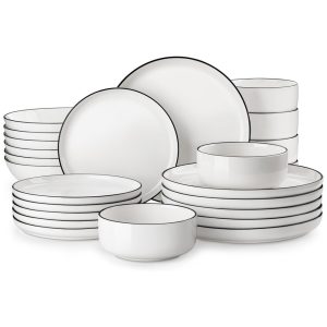 Conjunto de Pratos e Tigelas MALACASA 24 Peças de Porcelana Moderna para 6 Pessoas - Utensílios de Cozinha Brancos com Acabamento Preto.